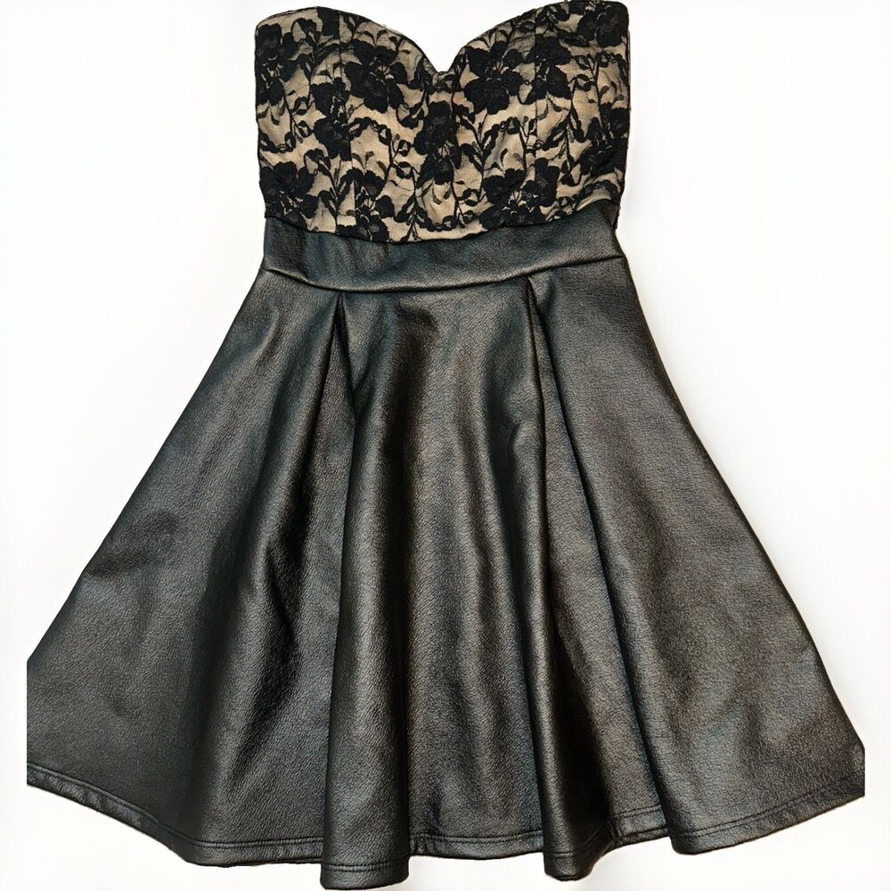 Windsore strapless dress featuring a black floral lace bodice Faux Leather Skirt
